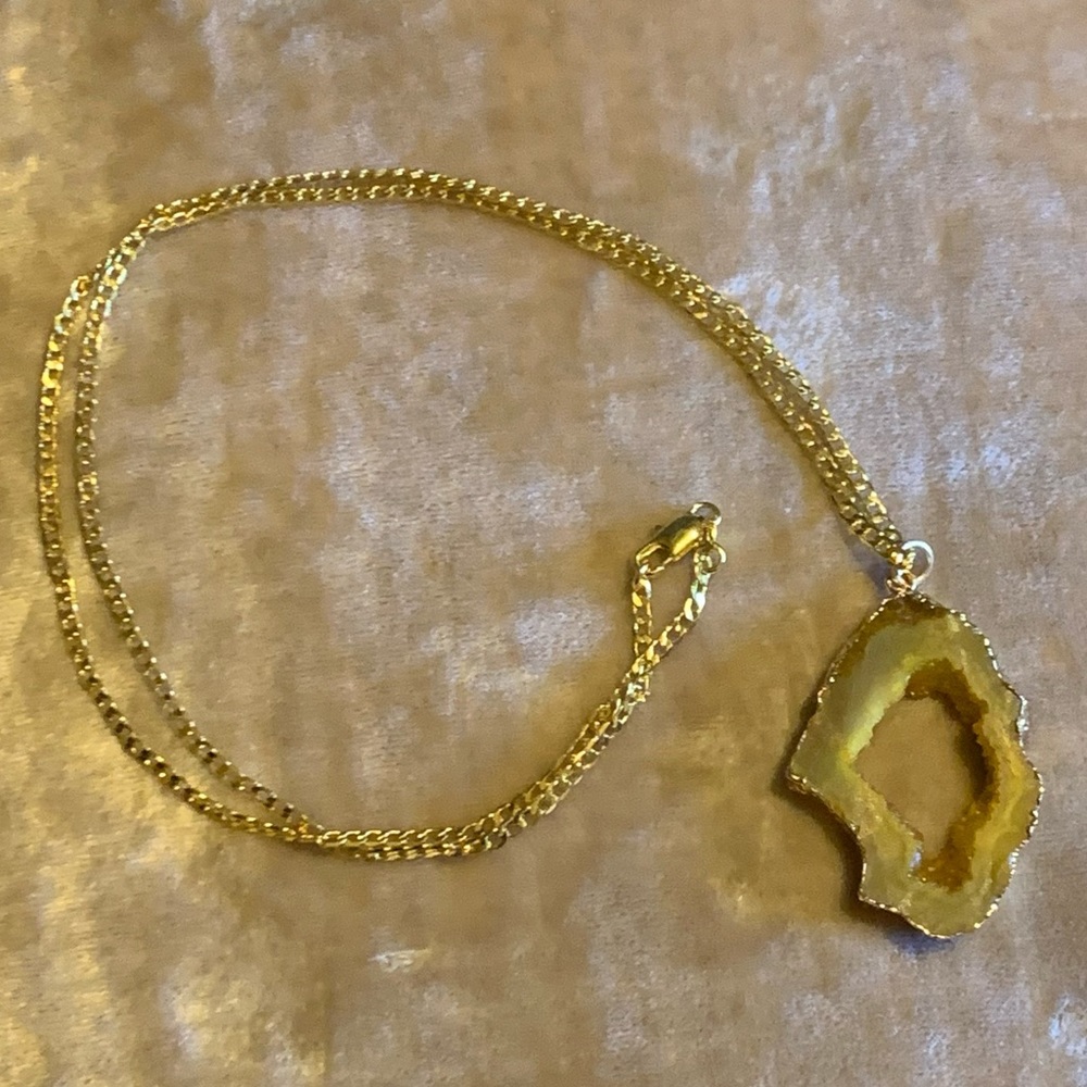 Gorgeous Green - Yellow Druzy Pendant with 18K Gold Filled Chain Necklace NEW